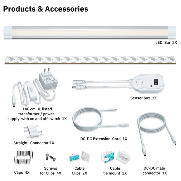 Under Cabinet Lighting Kits, Hand Sweep Activated, 20 Inch Extra Long, 3000K Warm White,2PCS